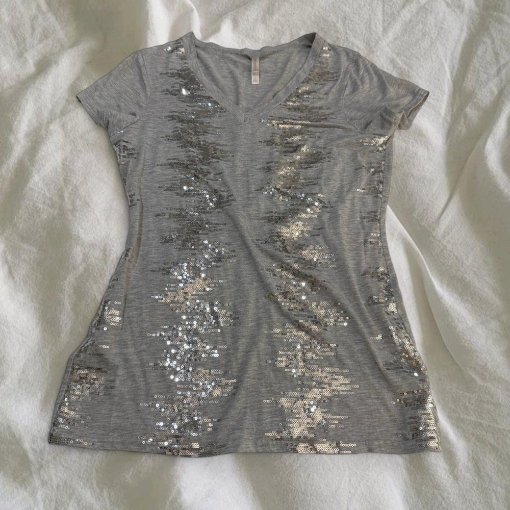 Silver Sequin Y2K Xhilaration V-Neck T-Shirt
